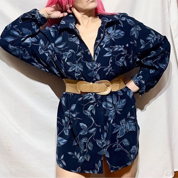 Vintage Blue Floral Print Shirt Mini Dress - Picture 10 of 13